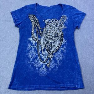 Sturgis Full Throttle Saloon Shirt Womens M Blue Rhinestone Top Motorcycle Biker